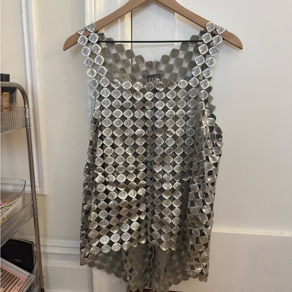 Metallic Silver Openwork Tank Top